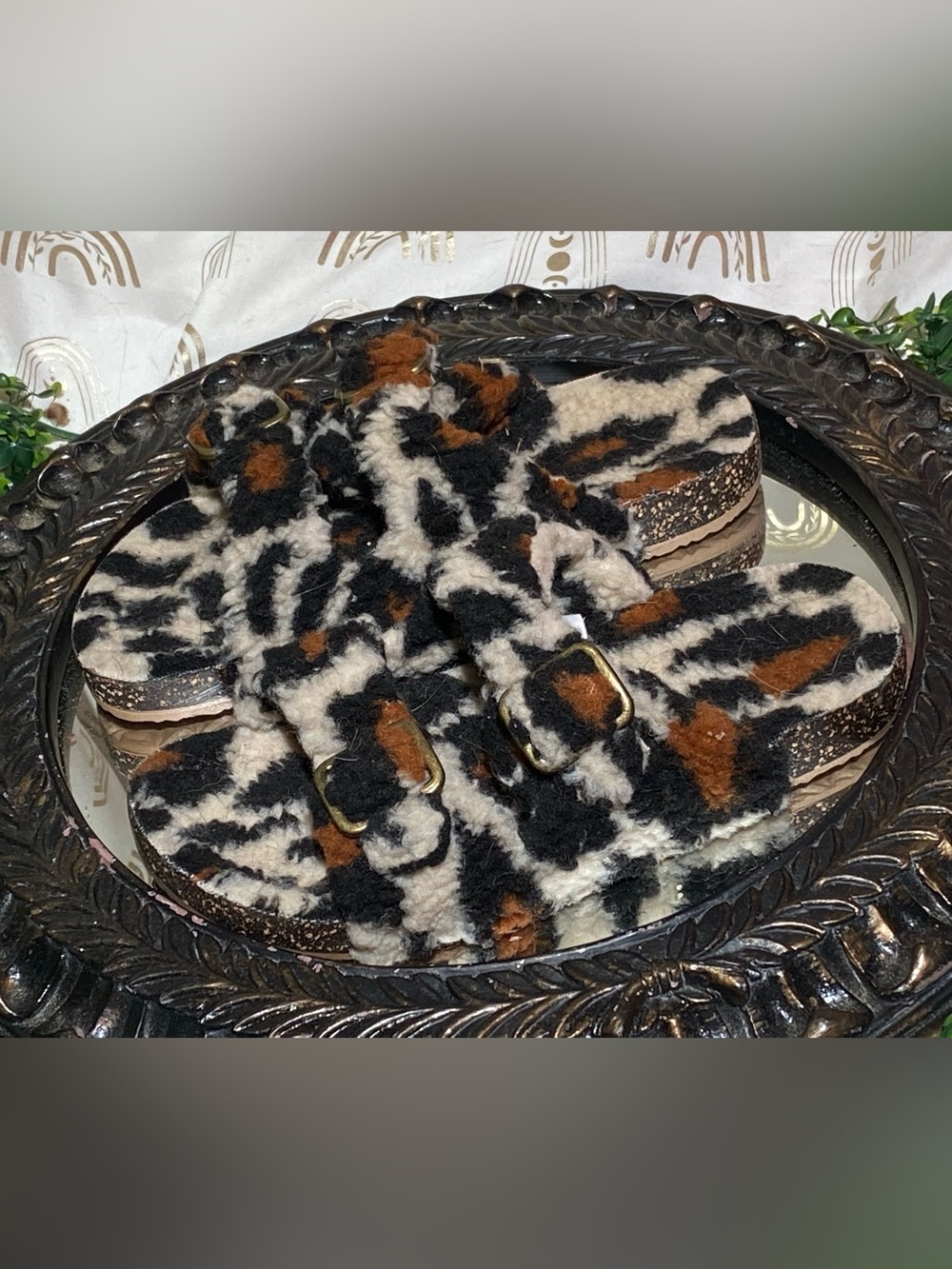 Faux Shearling Leopard Slide Sandals - Black, Cream & Brown